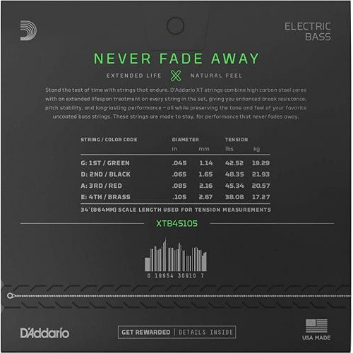 Струни для бас-гітари D'Addario XTB45105 XT Bass Light Top/Medium Bottom 45/105 Струни для бас-гітари D'Addario XTB45105 XT Bass Light Top/Medium Bottom 45/105