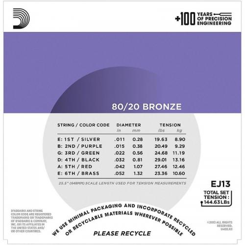 Струни для акустичної гітари D'Addario EJ13 80/20 Bronze Custom Light Acoustic Guitar Strings 11/52 Струни для акустичної гітари D'Addario EJ13 80/20 Bronze Custom Light Acoustic Guitar Strings 11/52