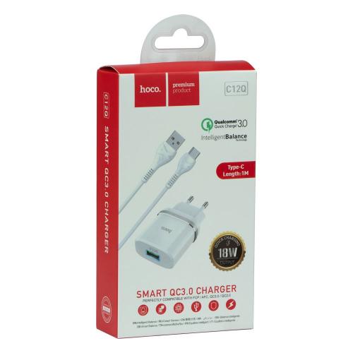 Мережевий зарядний пристрій Hoco C12Q QC 3.0 3A 18 Вт кабель Type C Білий Мережевий зарядний пристрій Hoco C12Q QC 3.0 3A 18 Вт кабель Type C Білий
