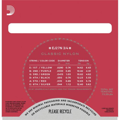 Струни для класичної гітари D'Addario EJ27N 3/4 Student Nylon Classical Strings Струни для класичної гітари D'Addario EJ27N 3/4 Student Nylon Classical Strings