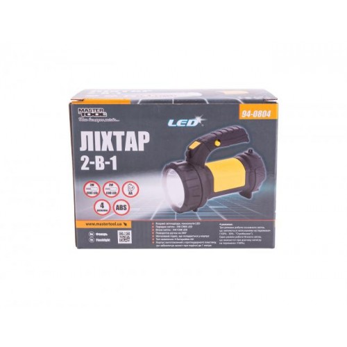 Ліхтар MASTERTOOL 2в1 з ручкою 360° 4 режими 180х94х143 мм CREE LED+COB LED 4xAA ABS 94-0804 Ліхтар MASTERTOOL 2в1 з ручкою 360° 4 режими 180х94х143 мм CREE LED+COB LED 4xAA ABS 94-0804