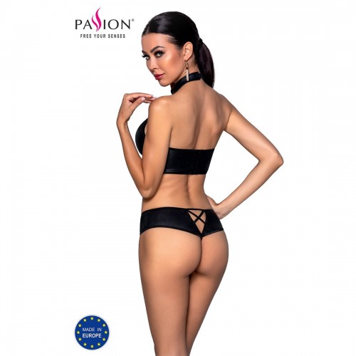 Комплект з еко-шкіри Nancy Bikini black L/XL - Passion, бра та трусики з імітацією шнурівки в інтернет супермаркеті PbayMarket!