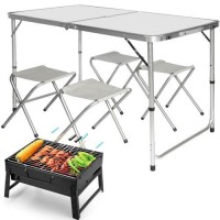 Набір туристичний розкладний стіл з парасолькою Easy Campi 1.8 м для пікніка зі стільцями складаний стіл та 4 стільці Білий+Мангал Набір туристичний розкладний стіл з парасолькою Easy Campi 1.8 м для пікніка зі стільцями складаний стіл та 4 стільці Білий+Мангал