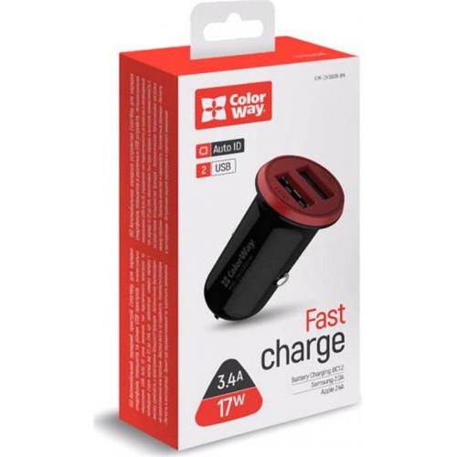 Автомобільний зарядний пристрій ColorWay Red/Black (CW-CHA026-BK) Автомобільний зарядний пристрій ColorWay Red/Black (CW-CHA026-BK)