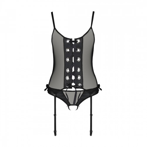 Корсет зі шнурівкою Passion NESSY CORSET XXL/XXXL black, стрінги з відкритим доступом, пажі для панч в інтернет супермаркеті PbayMarket!