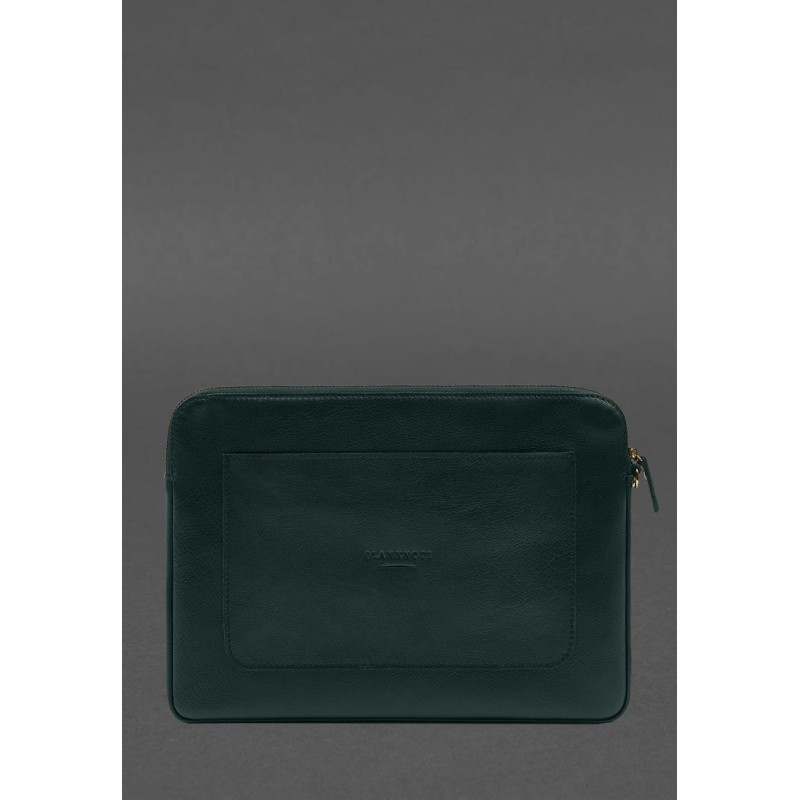 Шкіряний чохол для ноутбука на блискавці з кишенею та хлястиком на руку Зелений BlankNote
