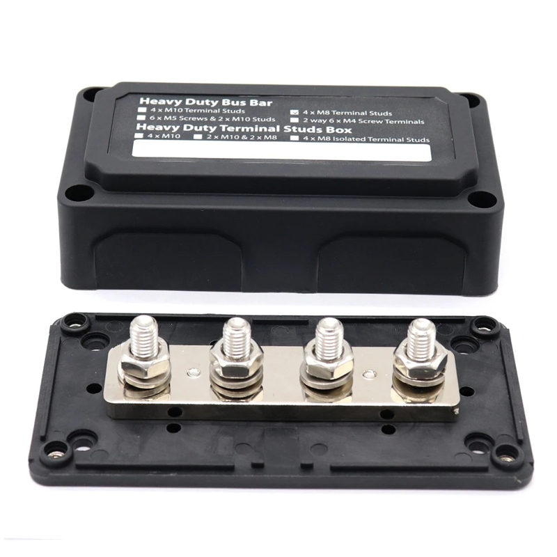 Розподільчий блок з шиною Heavy Duty Bus Bar з 4-ма шпильками М8 для з'єднання кабелів 48V DC, до 300A (чорний)