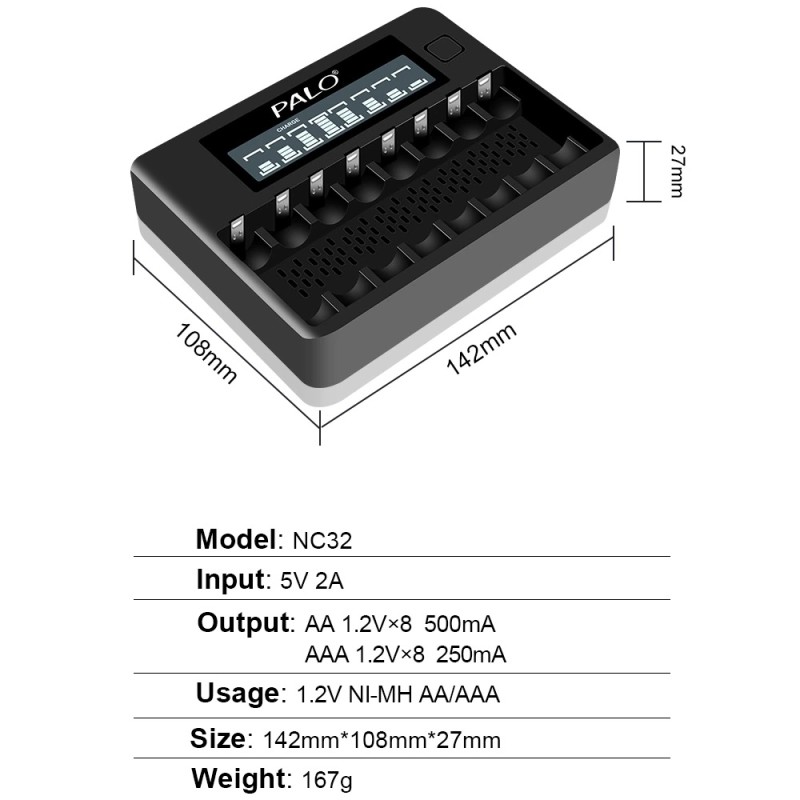 Зарядний пристрій на 8 штук NI-MH акумуляторних батарейок АА або ААА з LCD екраном Palo NC32