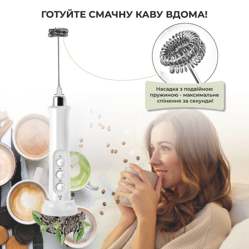 Спінювач молока (капучинатор) No Brand на акумуляторі з 3 насадками Білий