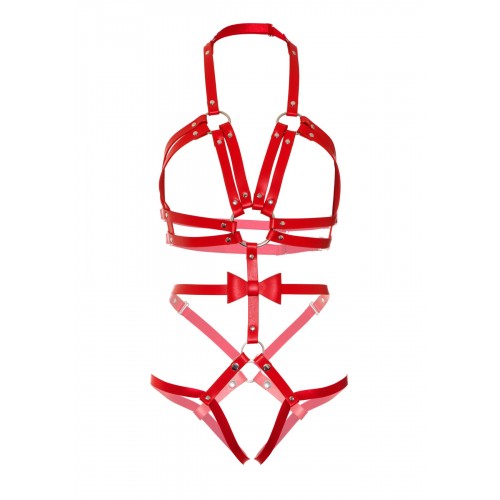 Портупея-тедді з ременів Leg Avenue Studded O-ring harness teddy S Red, екошкіра в інтернет супермаркеті PbayMarket!