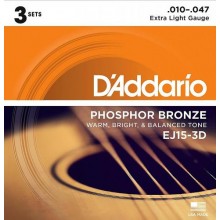 Струни для акустичної гітари D'Addario EJ15-3D Phosphor Bronze Extra Light Acoustic Guitar Strings 10/47