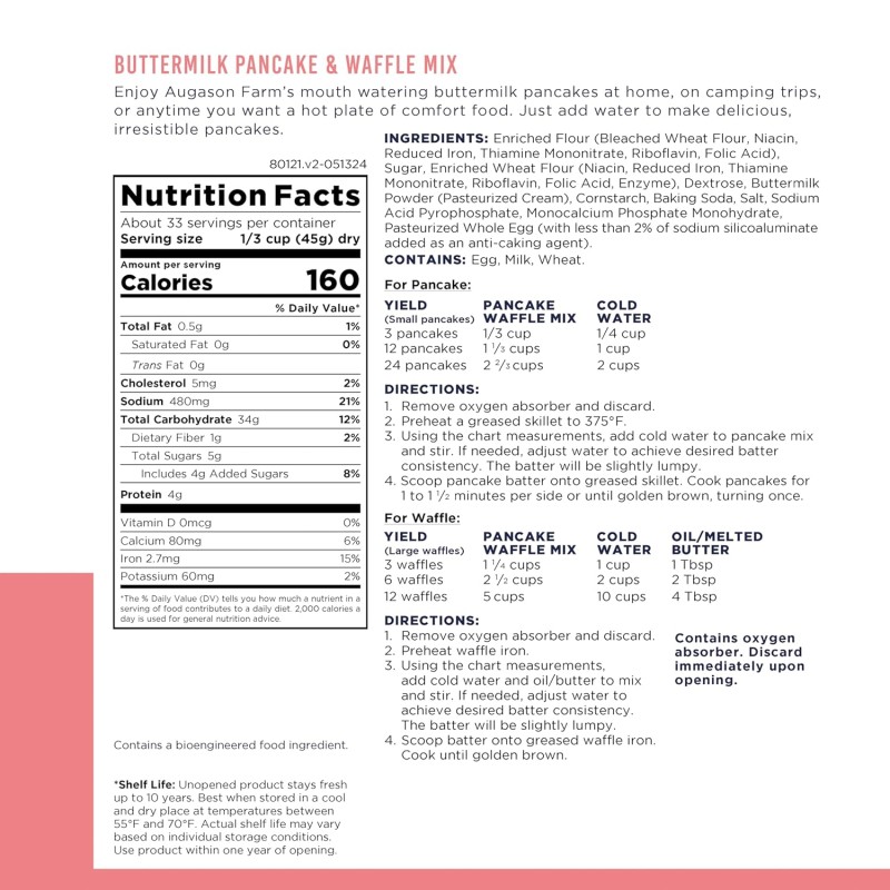 Суміш для приготування млинців та вафель Augason farms, 33 порції, 10 років термін зберігання