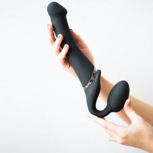 Безремінний страпон з вібрацією Strap-On-Me Vibrating Black M, діаметр 3,3 см, пульт ДК, регульовани в інтернет супермаркеті PbayMarket!