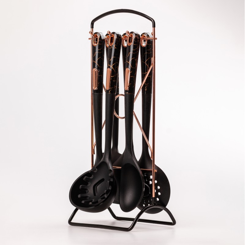 Набір кухонного приладдя на підставці TS Kitchen 6 штук кухонні аксесуари Чорний під мармур (YRUR5)