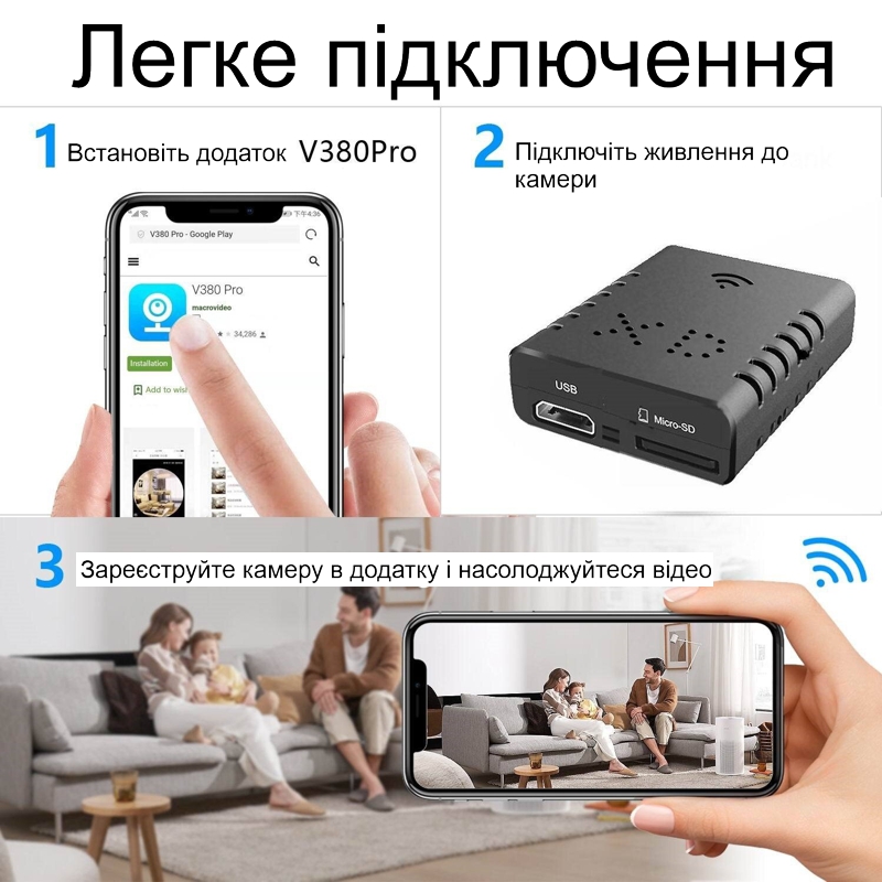 Міні камера wifi Nectronix XD WIFI, запис відео HD 1280х720, SD до 128 Гб, додаток V380PRO