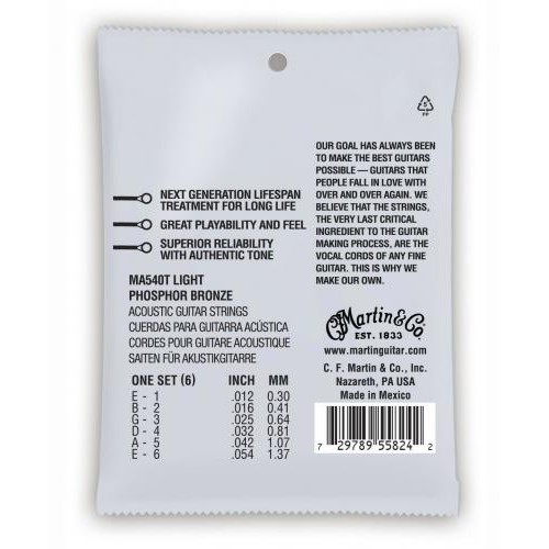 Струни для акустичної гітари 6 шт Martin MA540T 92/8 Lifespan Treated Phosphor Bronze Light Струни для акустичної гітари 6 шт Martin MA540T 92/8 Lifespan Treated Phosphor Bronze Light