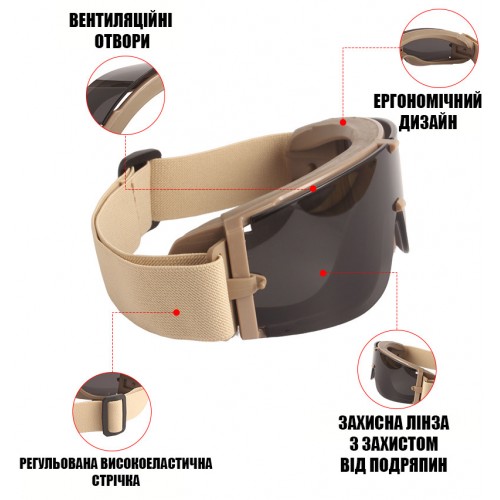 Тактичні окуляри захисна маска Solve з кріпленнями на каску з 3 змінними лінзами Койот