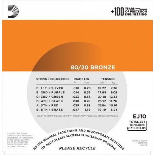 Струни для акустичної гітари D'Addario EJ10 80/20 Bronze Extra Light Acoustic Guitar Strings 10/47 Струни для акустичної гітари D'Addario EJ10 80/20 Bronze Extra Light Acoustic Guitar Strings 10/47
