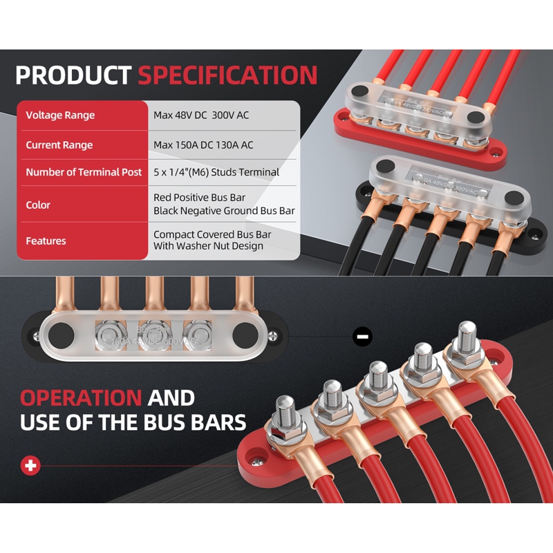 Комплект розподільчих блоків з шиною Bus Bar з 5-ю шпильками М6 для з'єднання кабелів 150А, 48 VDC/300VAC