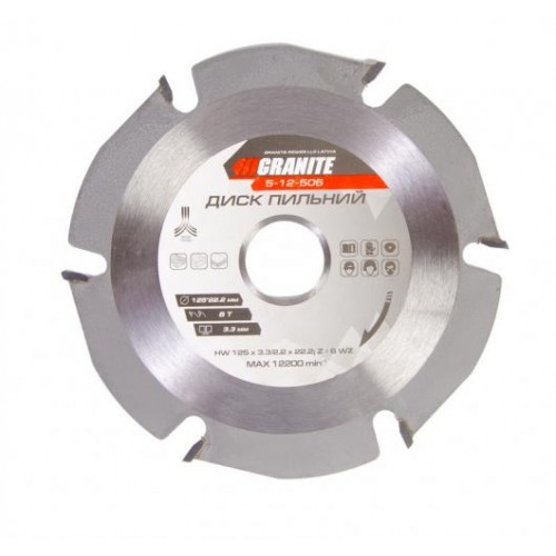 Диск пильний GRANITE для дерева з твердосплавними напайками 125х22.2х6Т 12200 об/хв 5-12-506 Диск пильний GRANITE для дерева з твердосплавними напайками 125х22.2х6Т 12200 об/хв 5-12-506