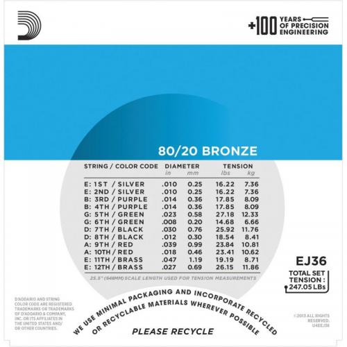 Струни для акустичної гітари D'Addario EJ36 80/20 Bronze Extra Light Acoustic Guitar 12-Strings 10/47 Струни для акустичної гітари D'Addario EJ36 80/20 Bronze Extra Light Acoustic Guitar 12-Strings 10/47