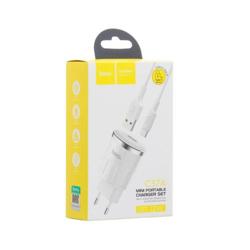 Зарядний пристрій Hoco C37A 2.4A 1 USB з кабелем Type C Білий Зарядний пристрій Hoco C37A 2.4A 1 USB з кабелем Type C Білий