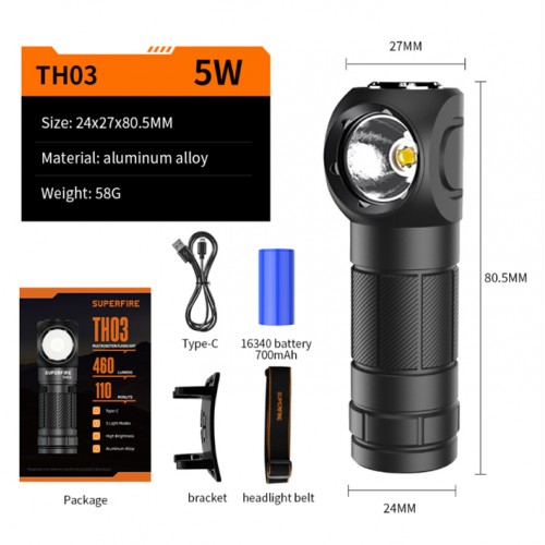 Ліхтар акумуляторний Superfire TH03 460 Lumen IP43 Чорний (2073751680)