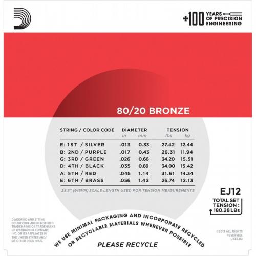 Струни для акустичної гітари 6 шт D'Addario EJ12 80/20 Bronze Medium Acoustic Guitar Strings 13/56 Струни для акустичної гітари 6 шт D'Addario EJ12 80/20 Bronze Medium Acoustic Guitar Strings 13/56