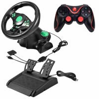 Ігрове гоночне кермо з педалями та коробкою передач Fun Game Vibro Driver Wheel 23 см для PC/PS3/PS2 3в1 Чорний та Бездротовий геймпад