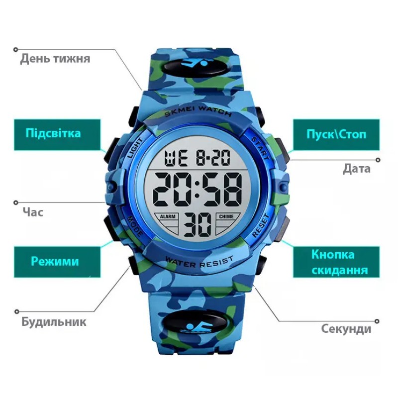 Дитячий спортивний наручний годинник Skmei Kids 1548 Світло-синій камуфляж