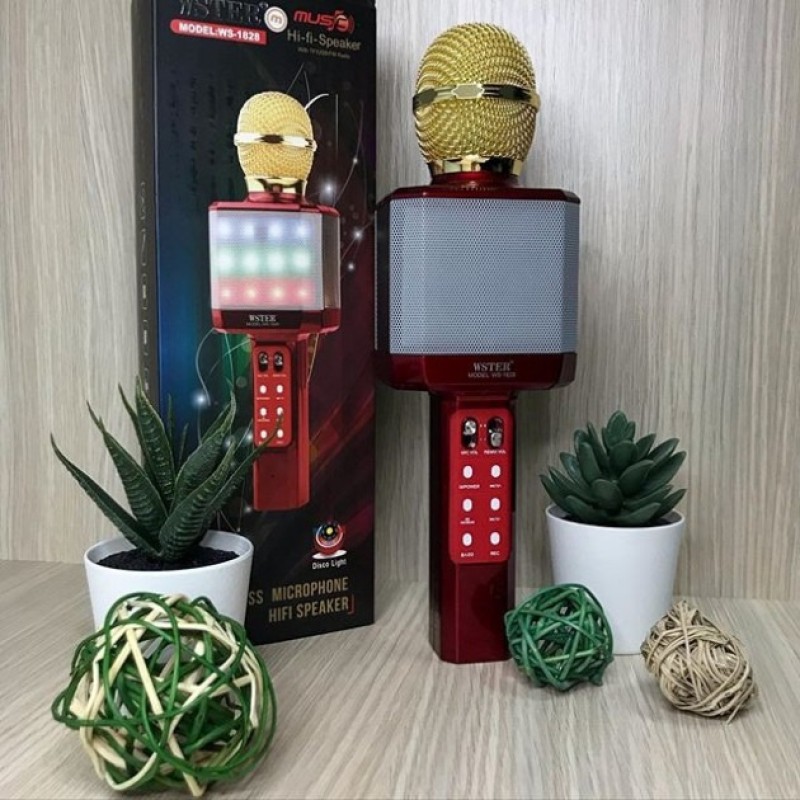 Мікрофон-караоке бездротовий WSTER WS-1828 White з функцією зміни голосу Червоний із золотим