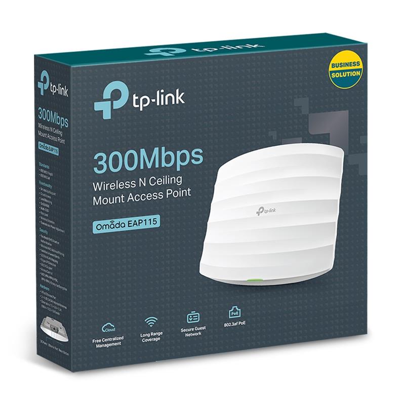 Точка доступу TP-Link EAP115 (1х100Мбіт, 300Mbps, 100мВт, 2,4Ghz, 20дБм, стельова, PoE, EAP Controller, 2х3дБі)