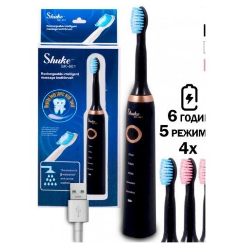 Електрична зубна щітка Shuke SK-601 зі змінними насадками Чорний (30151411А) Електрична зубна щітка Shuke SK-601 зі змінними насадками Чорний (30151411А)