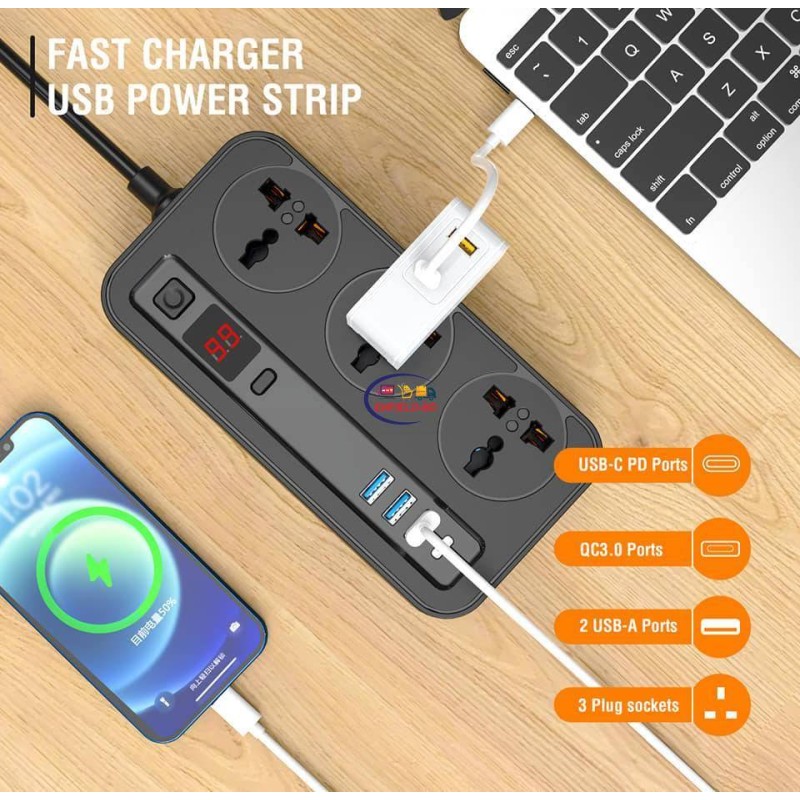 Мережевий фільтр-подовжувач Aspor A505 PD (3USB/USB-C/3A/20W/2м)- чорний