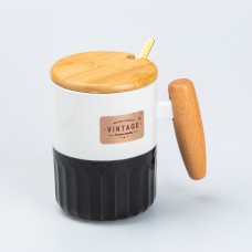 Кружка керамічна з кришкою та ложкою Vintage 400 мл чорна з білим (HP7204B)