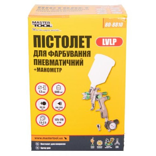 Краскопульт MASTERTOOL LVLP ВБ 600 мл пластик Ø1.3 мм 125-170 л/хв 1.5-2.5 бар з манометром 80-8810