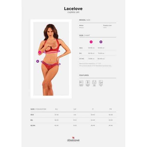 Комплект білизни Obsessive Lacelove cupless 2-pcs set XS/S Red, відкритий доступ, відкриті груди в інтернет супермаркеті PbayMarket!