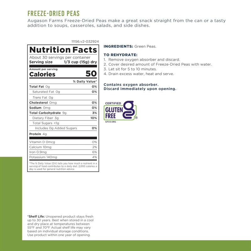 Горошок сублімований з великим терміном придатності 30 років Augason Farms, 19 порцій