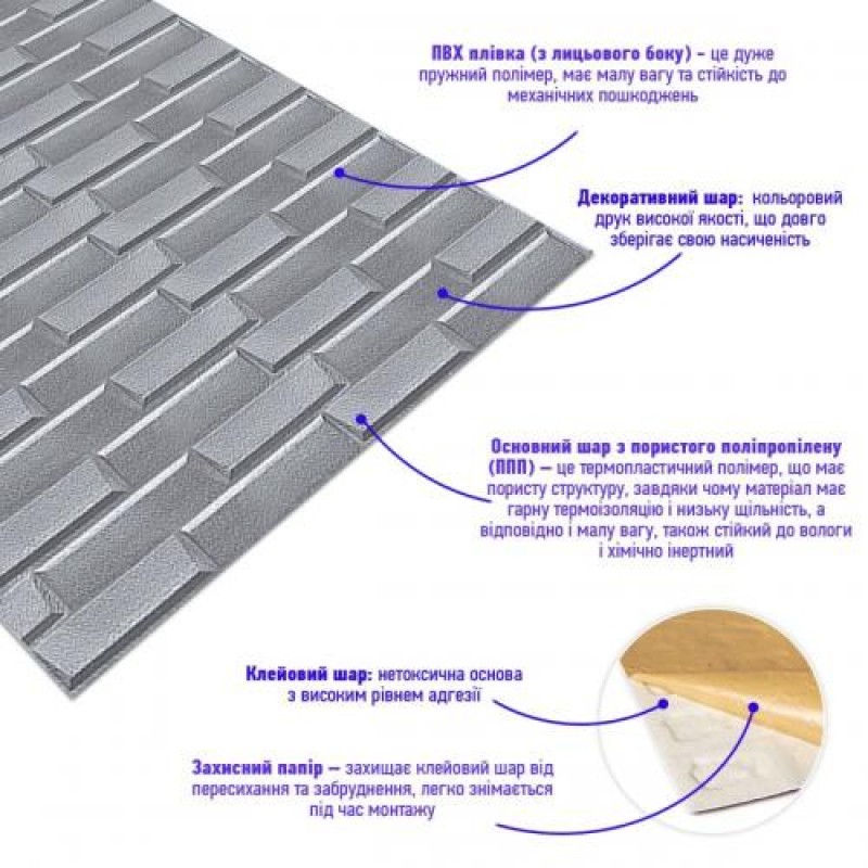 Самоклеюча 3D панель кладка срібло Sticker Wall 3080х700х5мм