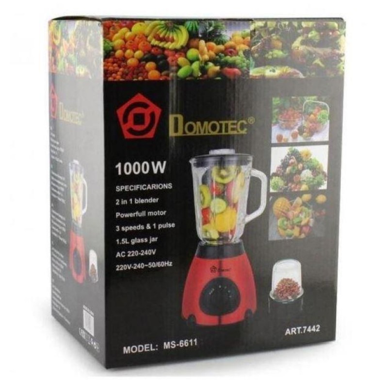 Блендер стаціонарний Domotec MS-6611 з кавомолкою 2в1 1.5L 1000W Red (3_02327)