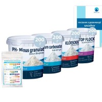 Набір для коригування балансу води «Аква Аптечка»  InPool  80510 (pH+ 200г, pH- 200г, шок хлор 200г,  флокер 200г, тести). Засоби для об'єму 1 ÷ 5 м³