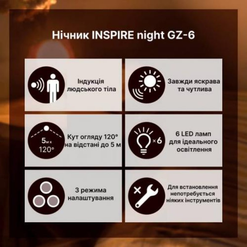 Нічник із датчиком руху Inspire night GZ-6 3PCS AA Battery 0.6W Білий