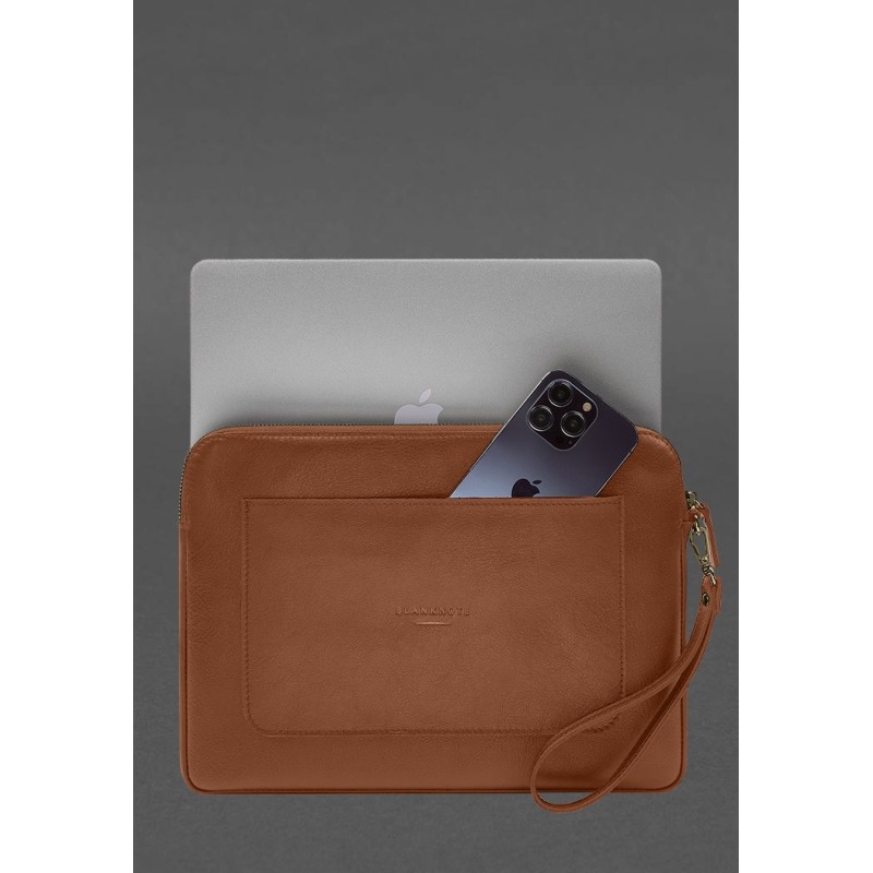 Шкіряний чохол для ноутбука на блискавці з кишенею та хлястиком на руку Світло-коричневий BlankNote