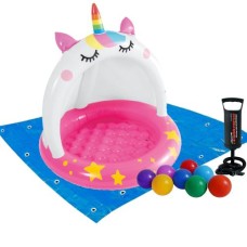 Дитячий надувний басейн Intex 58438-2 «Єдиноріг» з навісом, 102 х 102 см, з кульками 10 шт, підстилкою, насосом