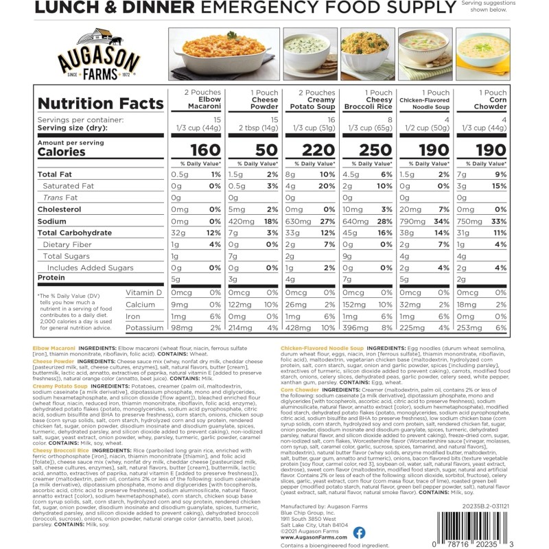 Сублімовані обіди та вечері 92 порції з великим терміном придатності 25 років Augason farms