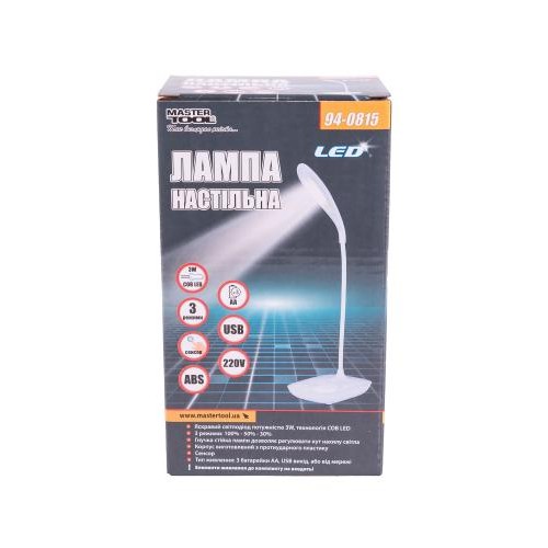 Лампа настільна гнучка MASTERTOOL сенсорний вмикач 3 режими 125х100х350 мм COB LED USB/3xAA ABS 94-0815 Лампа настільна гнучка MASTERTOOL сенсорний вмикач 3 режими 125х100х350 мм COB LED USB/3xAA ABS 94-0815