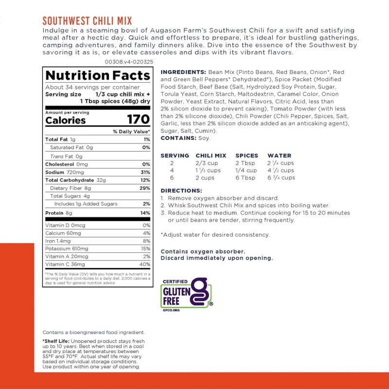 Квасоля чилі по мексиканські з великим терміном придатності 10 років Augason Farms, 34 порції