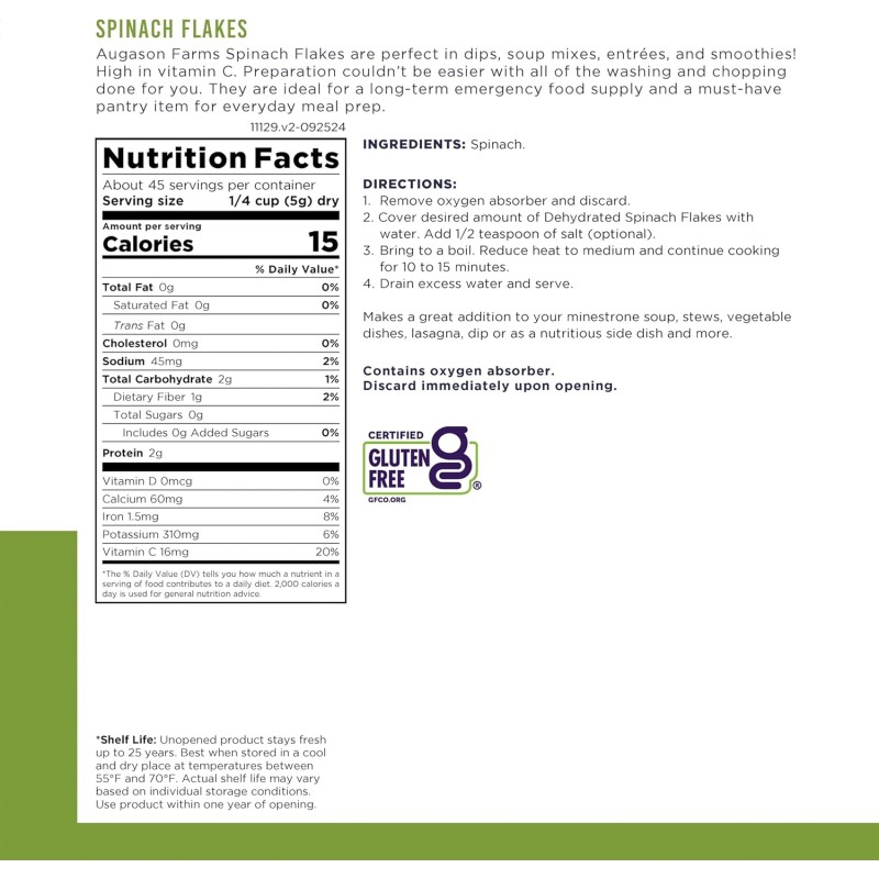 Шпинат нарізаний сублімований з великим терміном придатності 25 років Augason Farms, 45 порцій