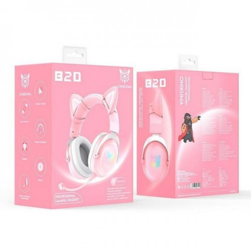 Навушники з вушками бездротові Bluetooth ONIKUMA Gaming CAT B20 LED з підсвіткою Pink N