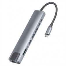 Хаб концентратор 8в1 USB Type-C перехідник HDMI SD TF RJ45 Сірий